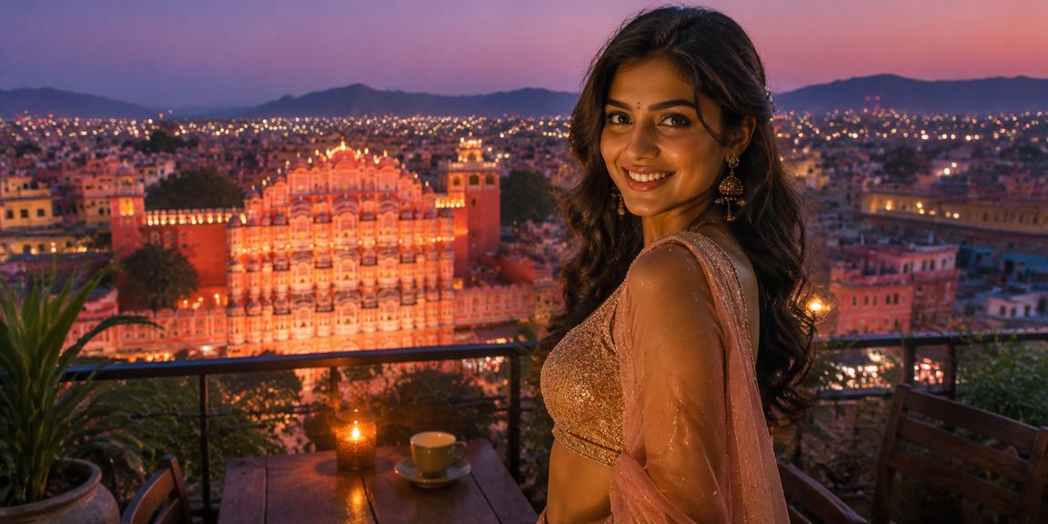 Young woman in Jaipur playing online rummy on mobile capturing classic atmosphere